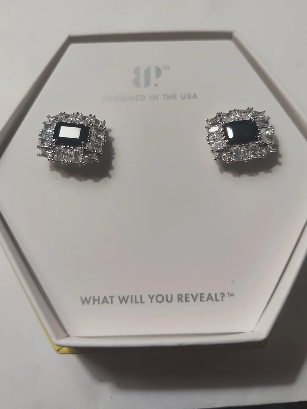 BP Square Black Stone Halo Stud Earrings